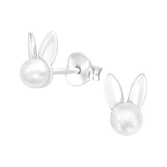 Sterling Silver Pearl Stud Bunny Ear Earrings - Picture 1 of 8